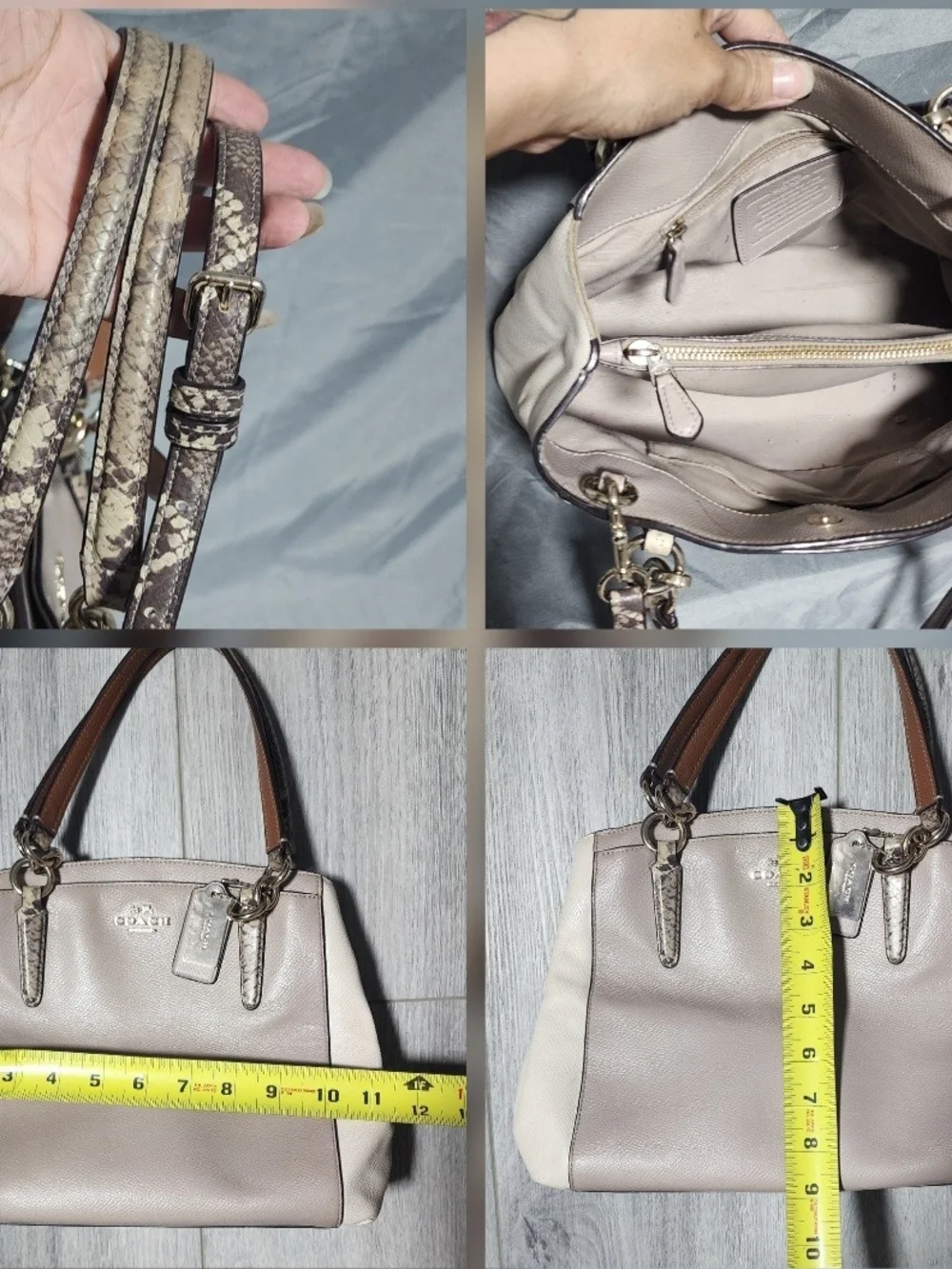 Coach Minetta Snake Print Taupe Leather Shoulderbag Satchel Handbag Purse